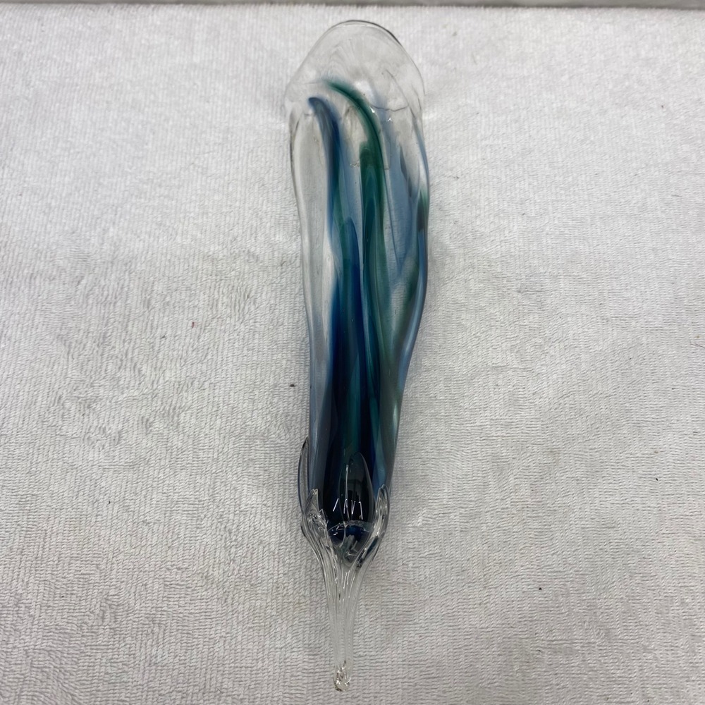 Jim R Ronn 2013 Signed Art Glass Cornucopia Horn Vase Blue Green Swirl 9.5"